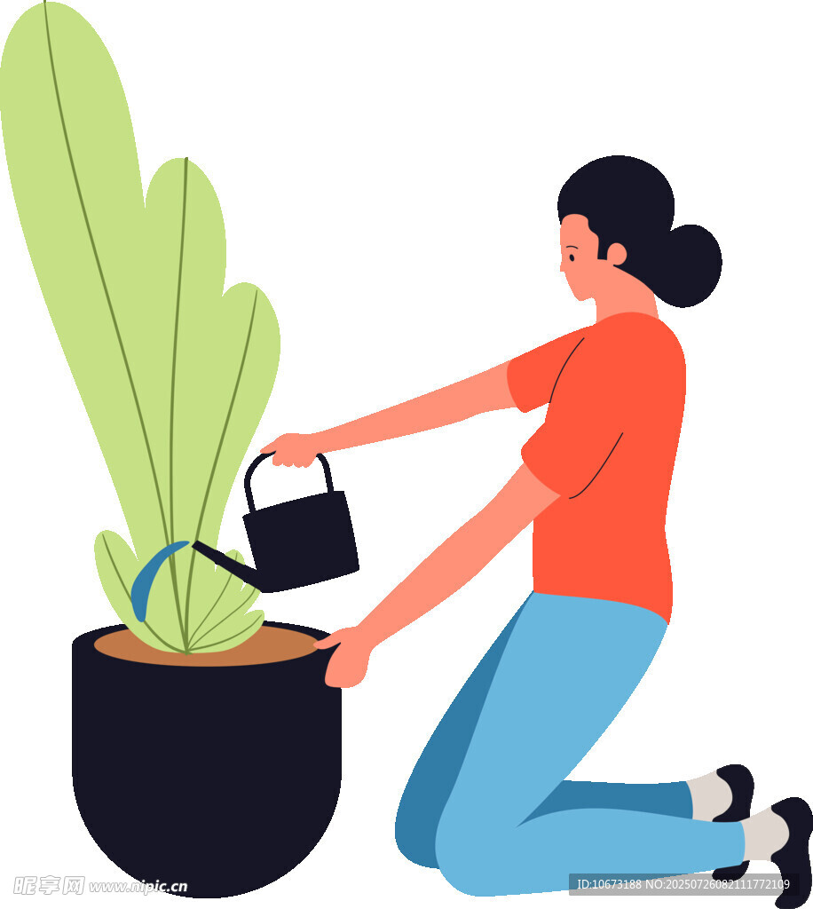 女子跪地给大盆栽植物浇水