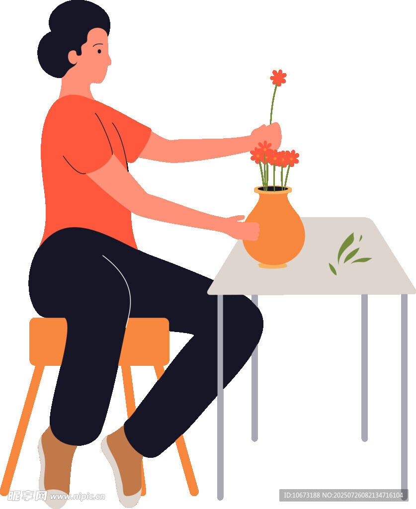 女子桌边专注插花