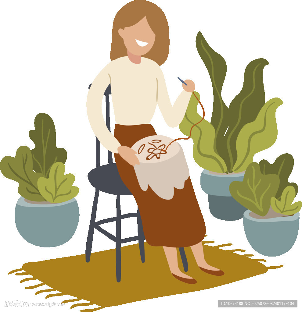 女子坐于绿植间逗弄猫咪