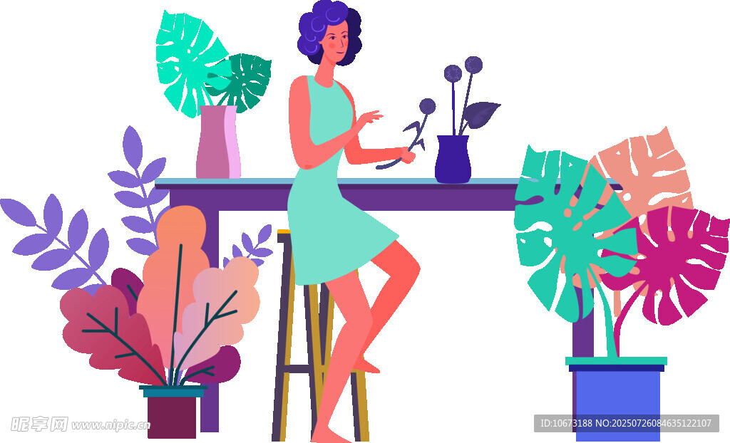 女子桌边赏绿植惬意时光
