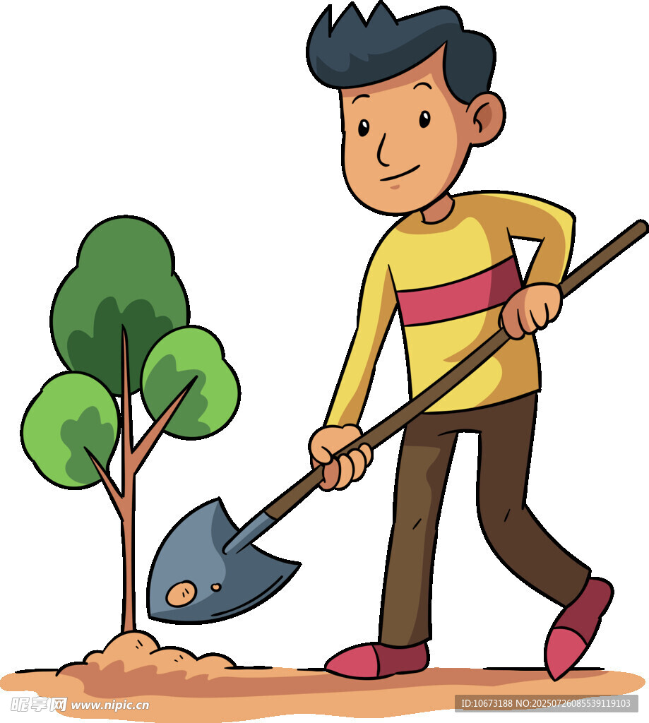 男孩持铲植树场景