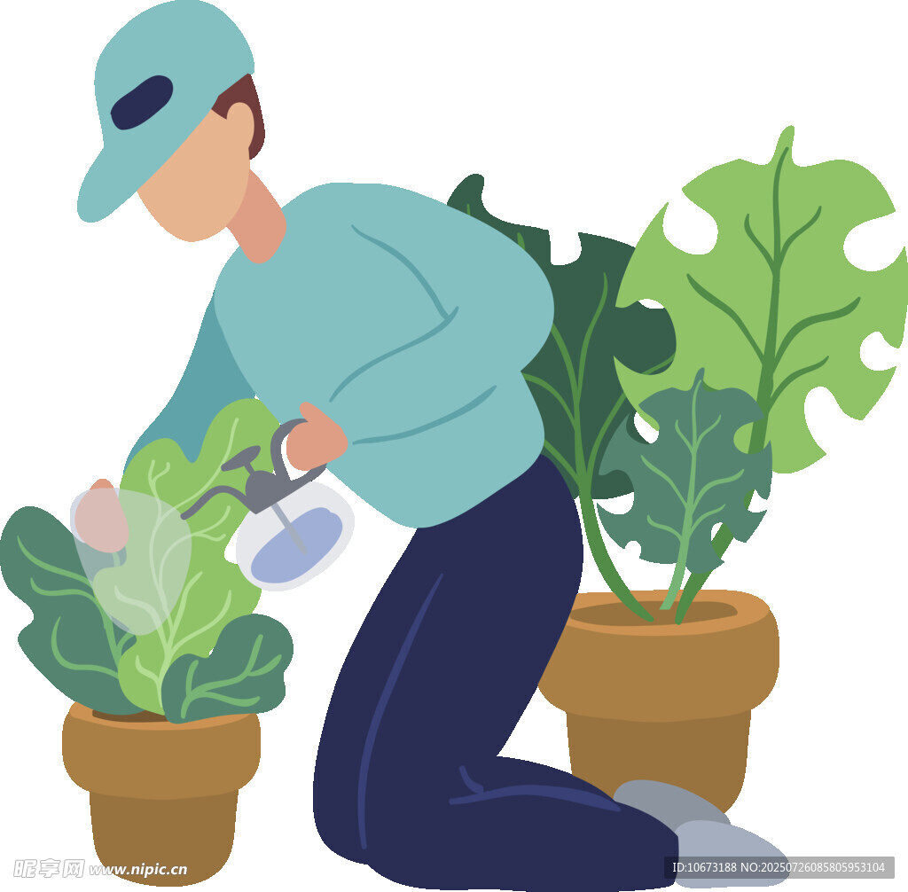男子专注浇灌盆栽植物
