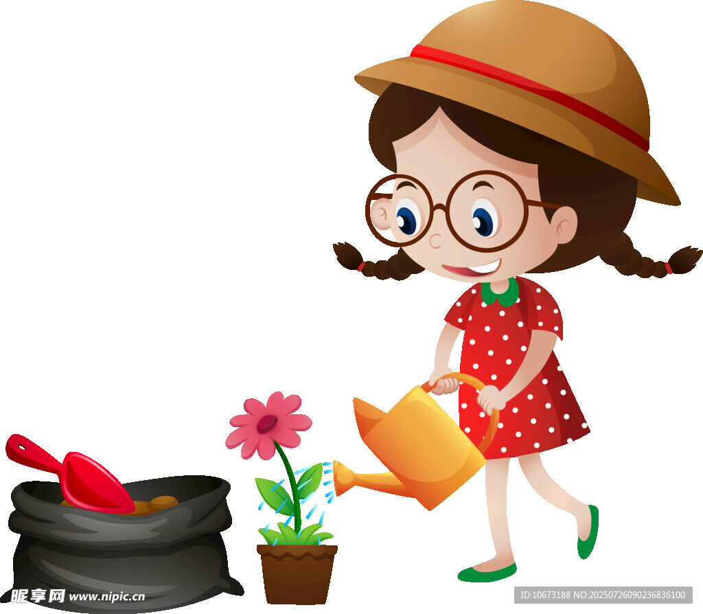 女孩戴帽浇花的温馨场景