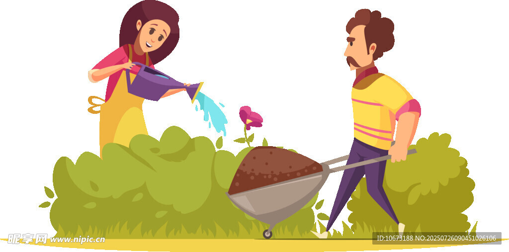 夫妻携手花园劳作场景