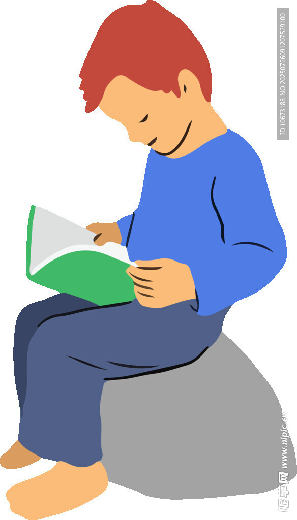 男孩坐石上专注读书