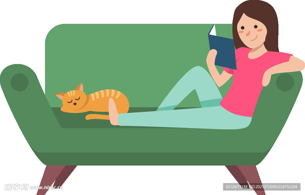 女子沙发上惬意读书伴猫咪