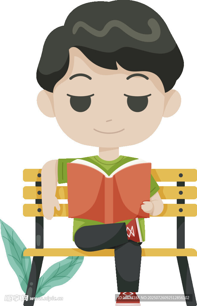男孩坐在长椅上专心看书