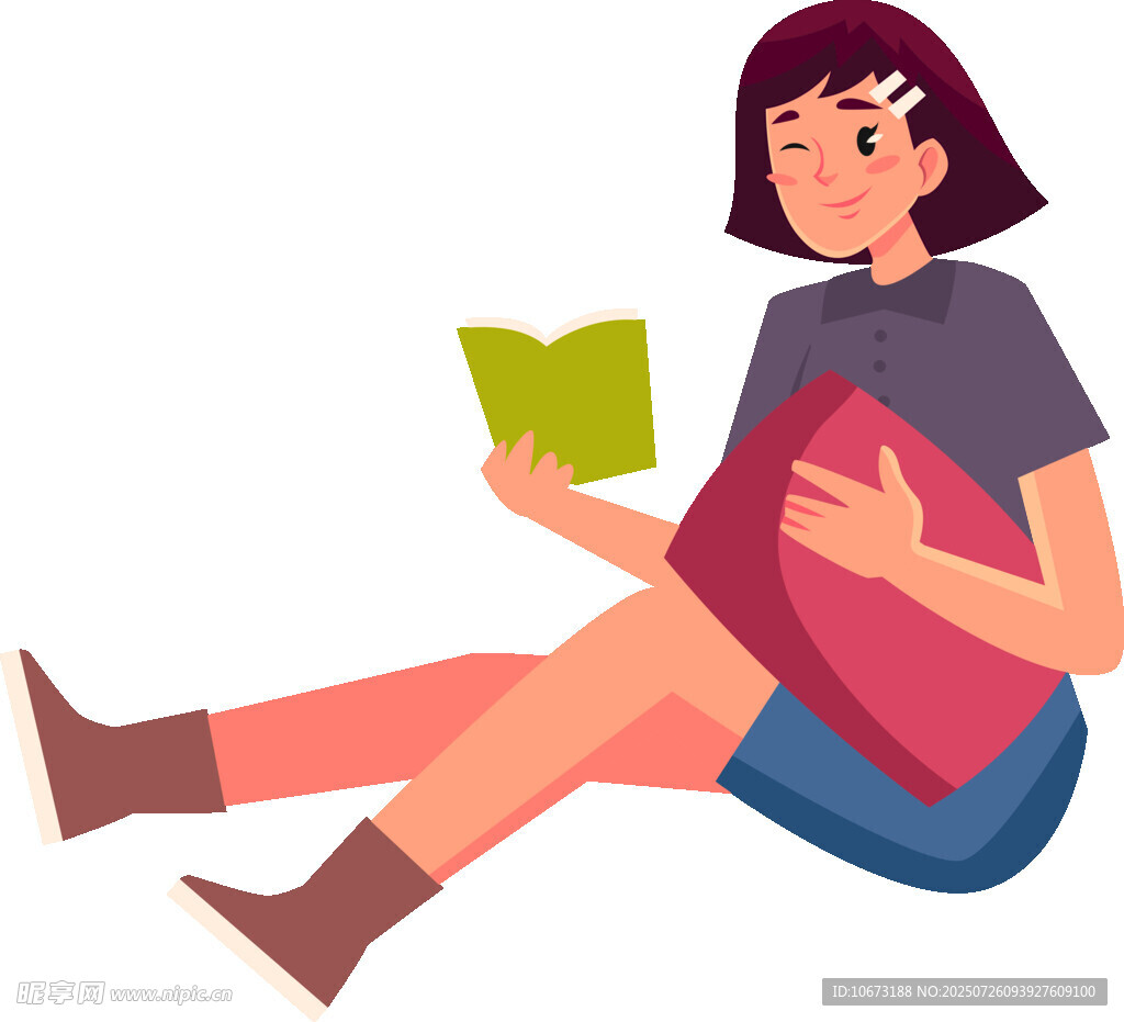 女孩惬意阅读抱枕相伴