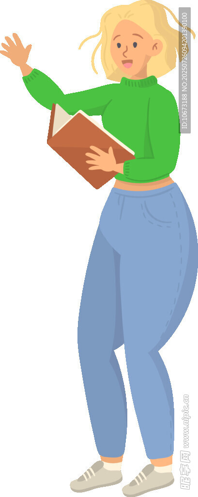 女子手持书本挥手示意