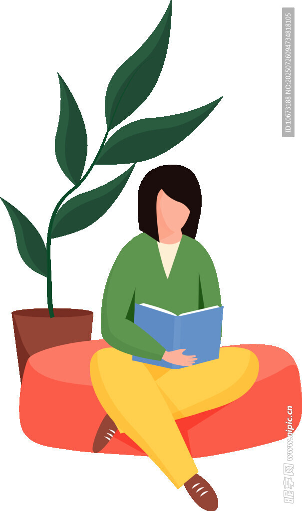 女子惬意坐着阅读绿植相伴