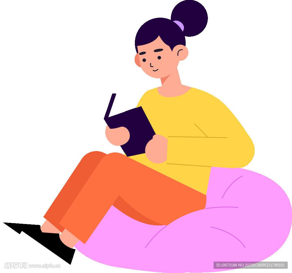 女孩惬意地坐在豆袋上看书