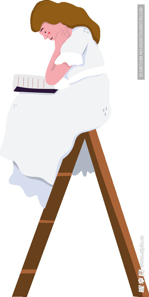 女孩于梯子上专注读书