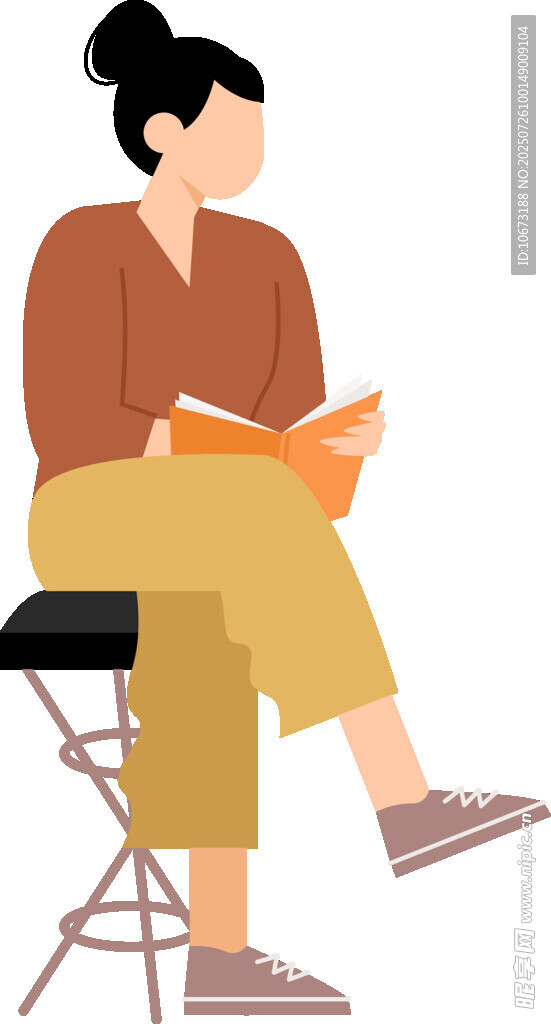 女子坐凳专注阅读书籍