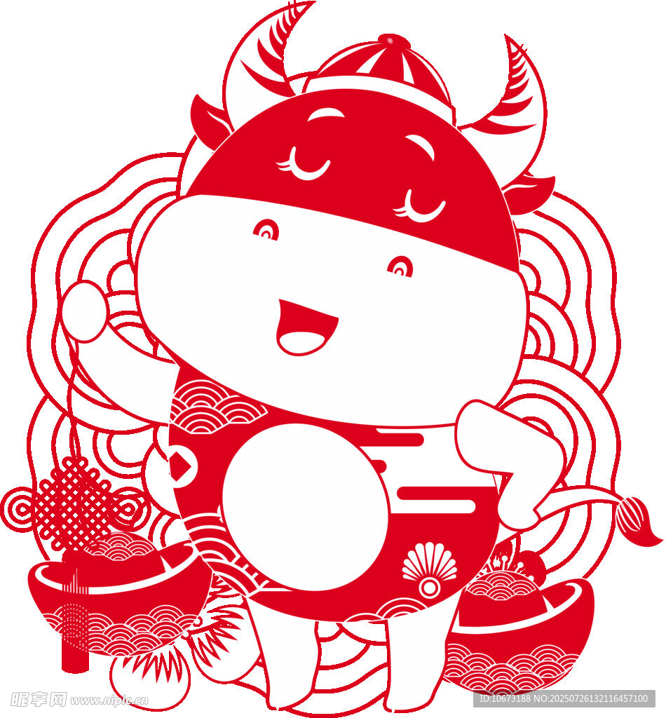 牛年喜庆剪纸风卡通小牛