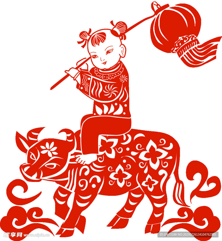 童子骑牛庆佳节剪纸图