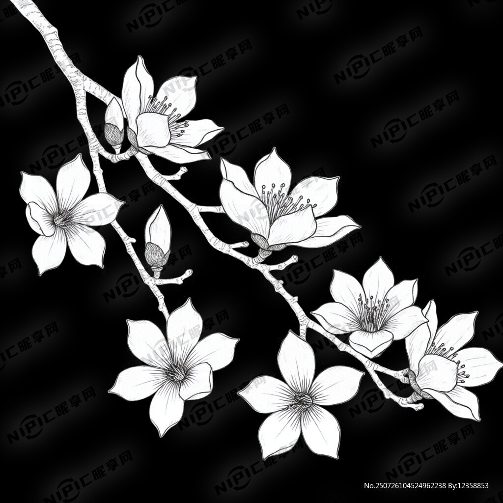 木棉花  黑白色手绘 线条画