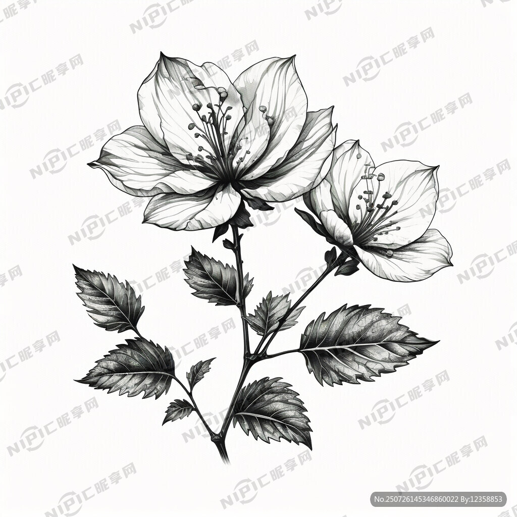 木棉花  黑白色手绘 线条画