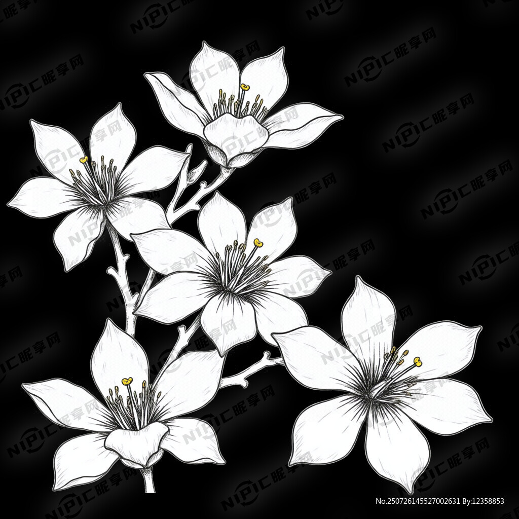 木棉花  黑白色手绘 线条画