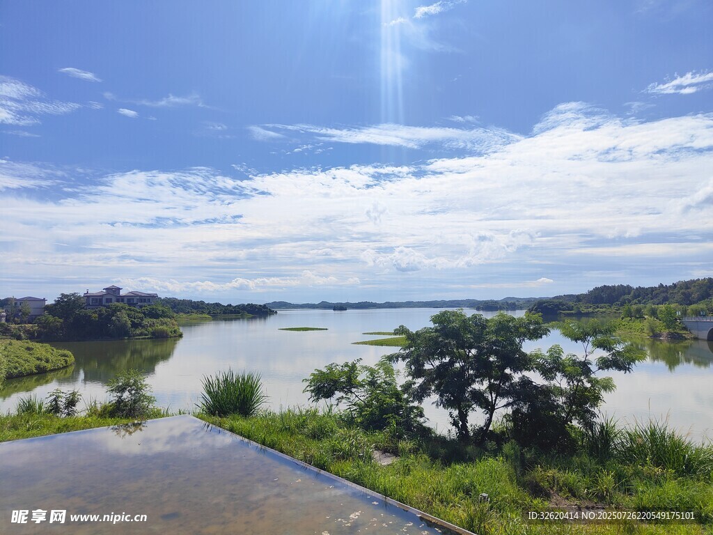 湖畔风光 阳光照耀绿意盎然