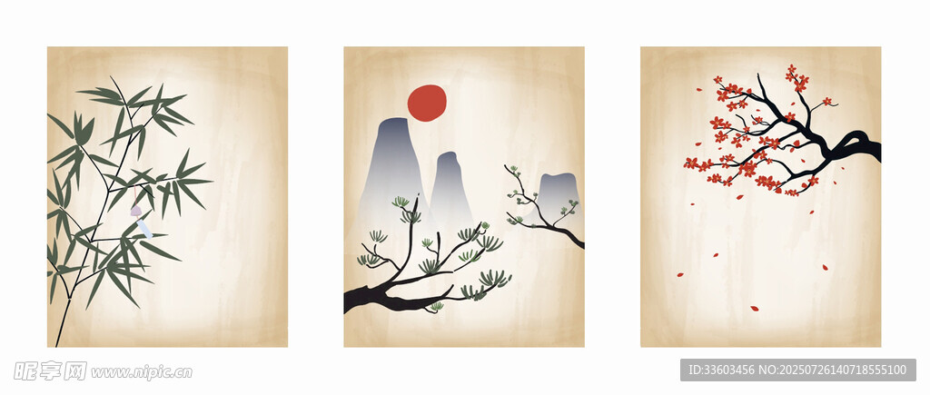 中式水墨风山水花鸟画作