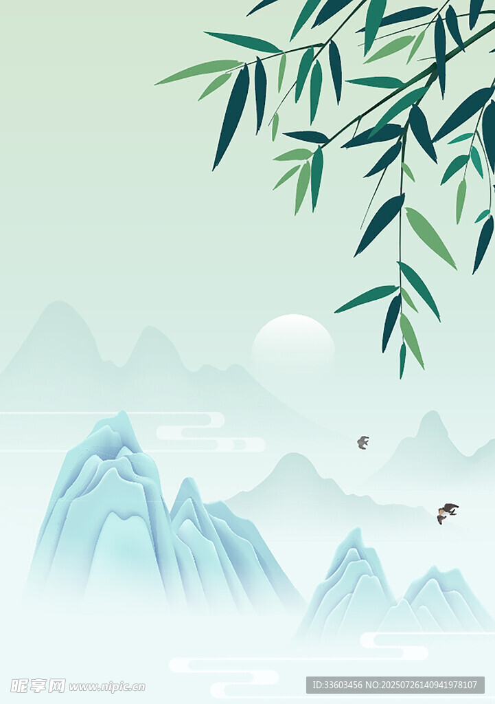水墨山水间的竹叶与飞鸟