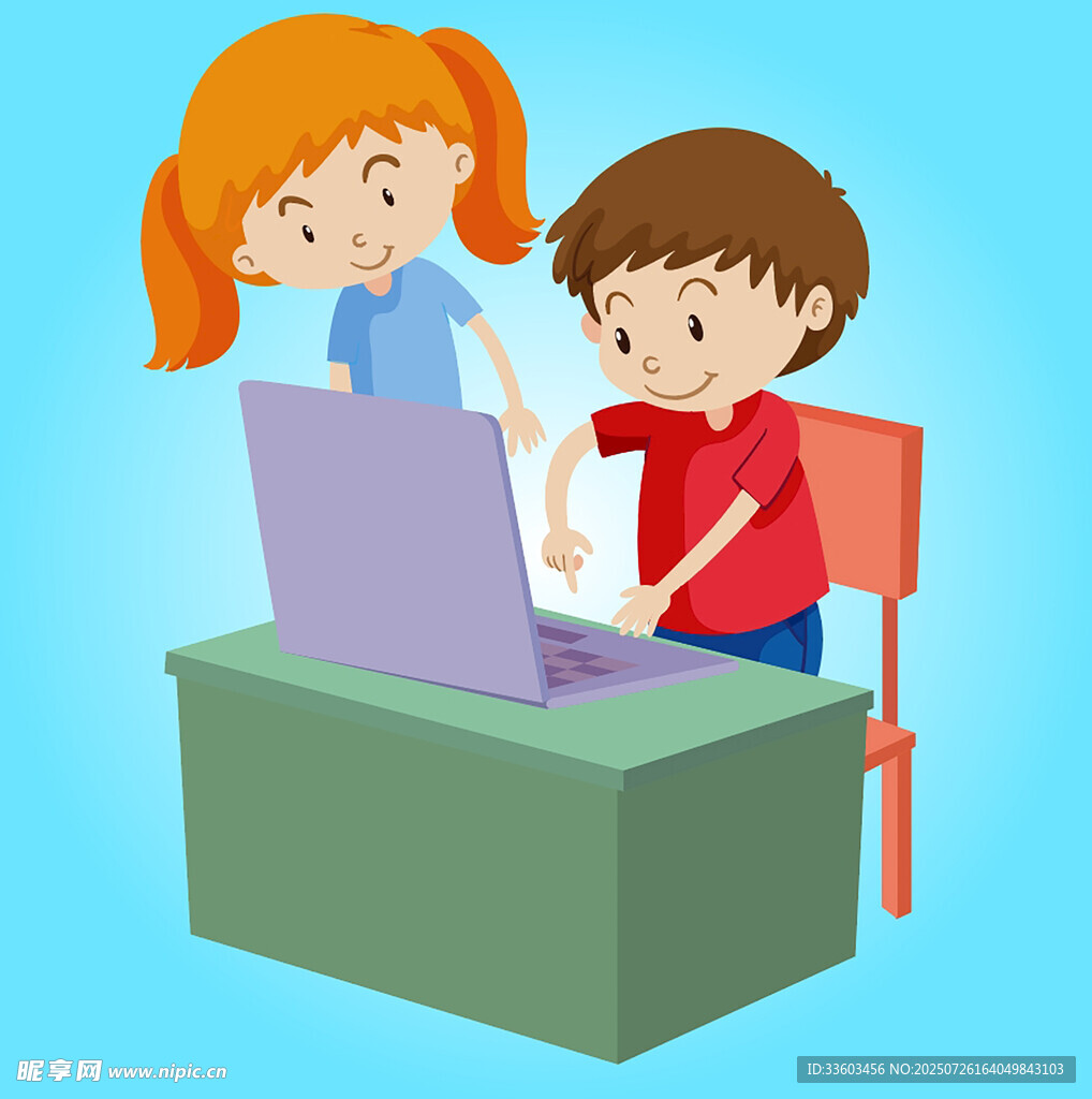 儿童同桌使用笔记本电脑