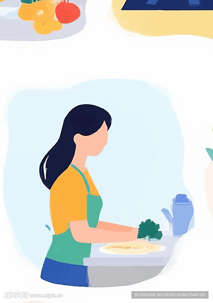 女性厨房洗碗场景插画