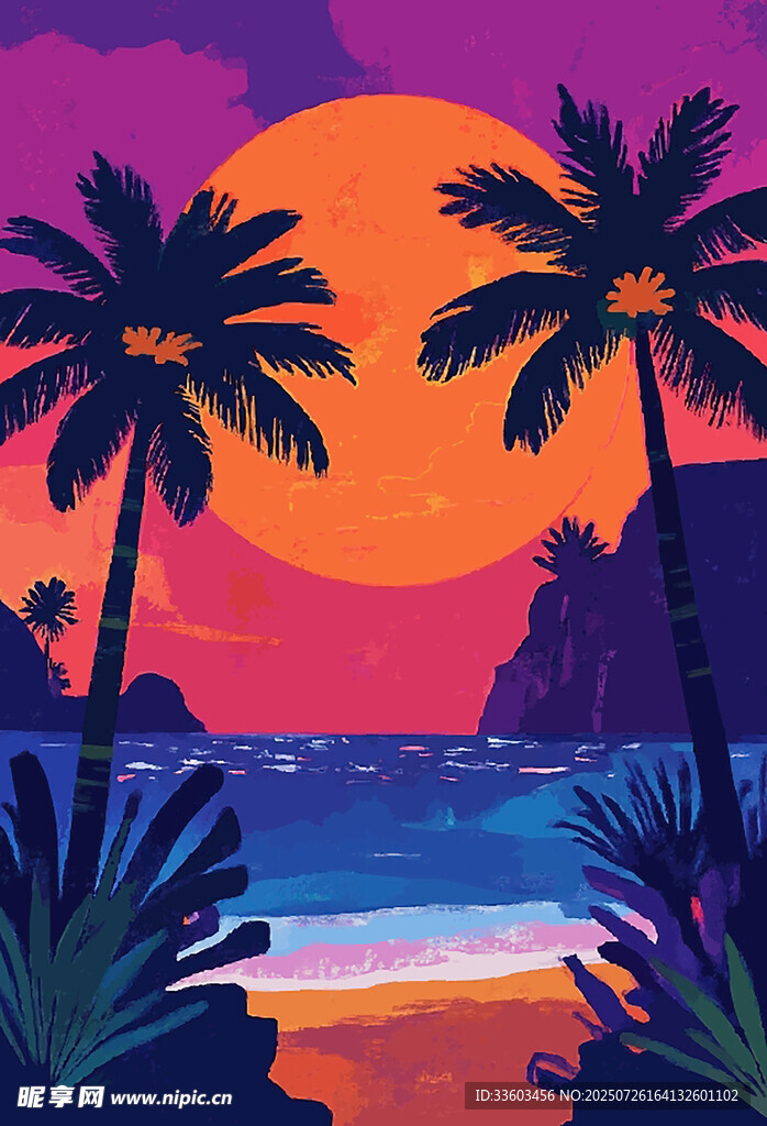 夕阳下的海滨棕榈树美景
