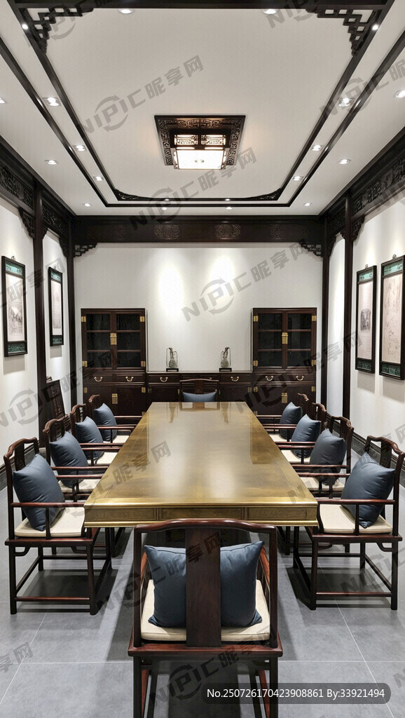 中式会议桌 正面位全景 不含门
