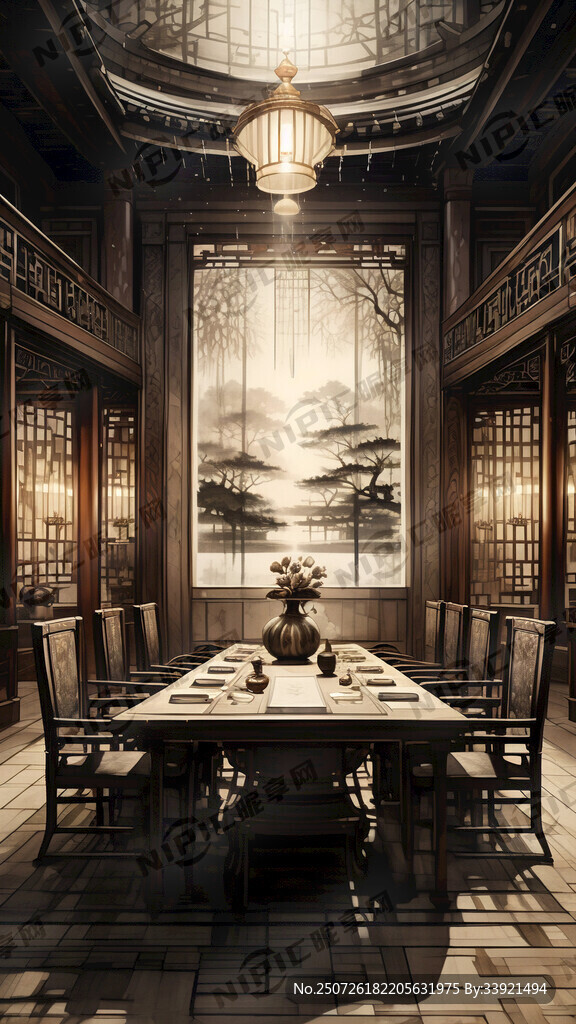 中式会议室 暗色系 正面全景 