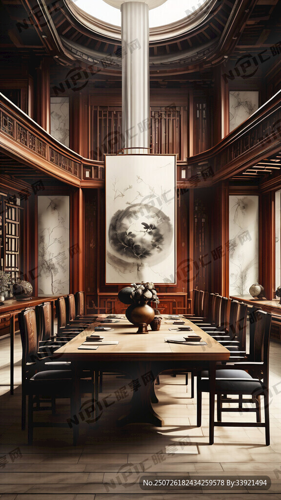 中式会议室 红木色系 正面全景