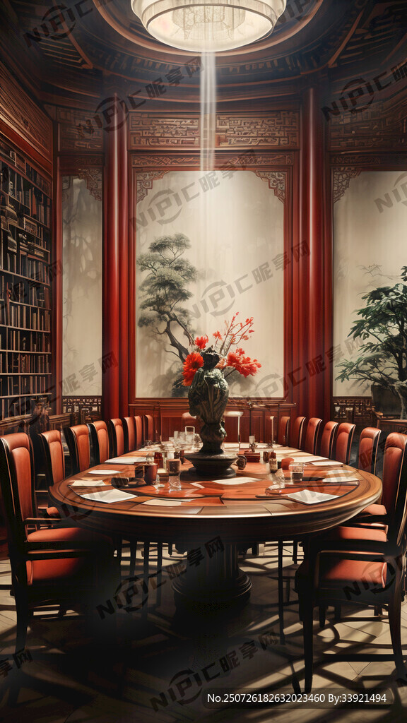 中式会议室 红木色系 正面全景