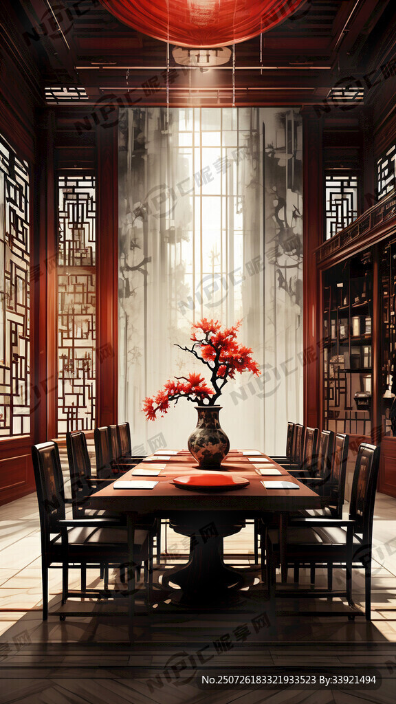 中式会议室 暗红色系 正面全景
