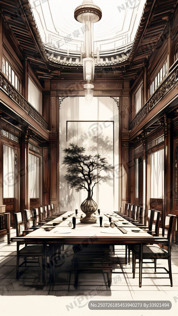 中式会议室 红木色系 正面全景