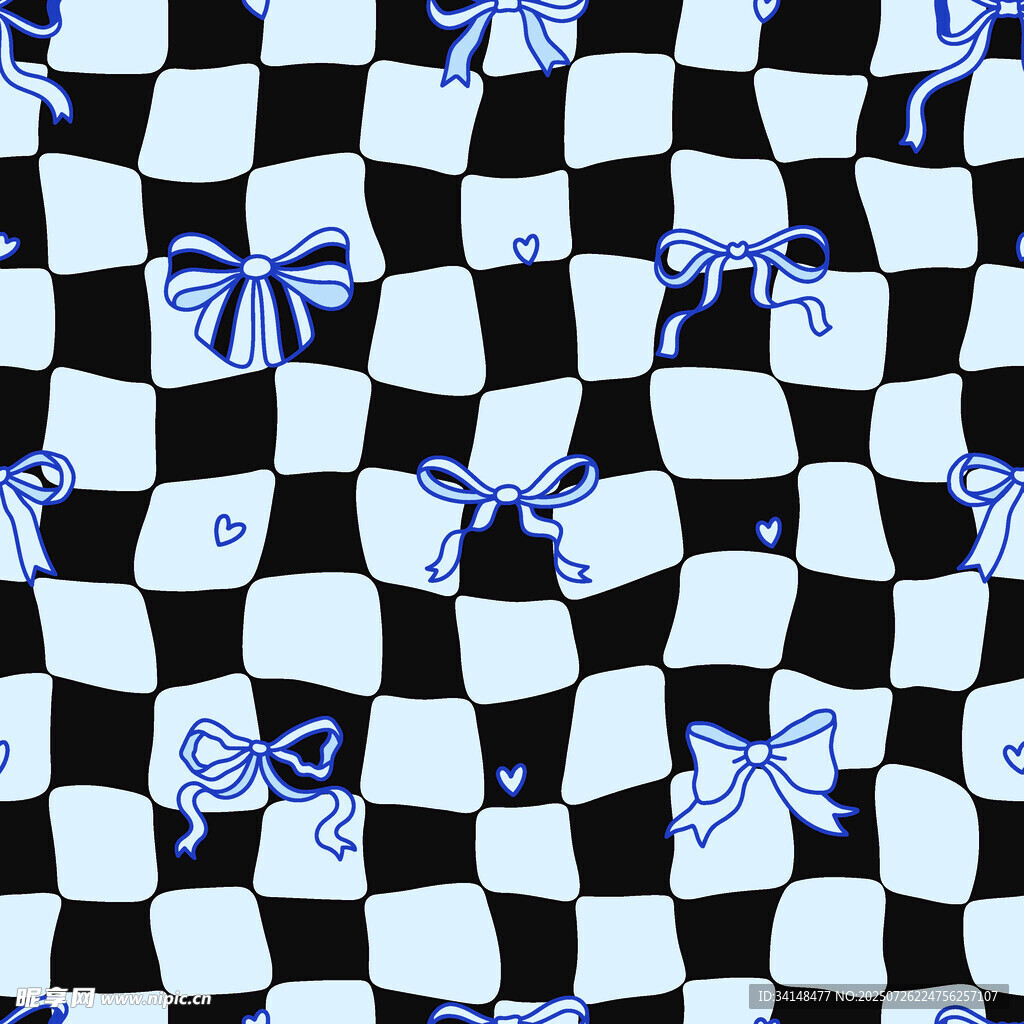 黑白棋盘格蓝蝴蝶结图案