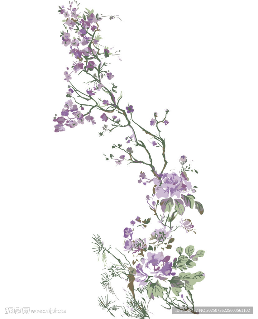 手绘紫色花卉枝条图案