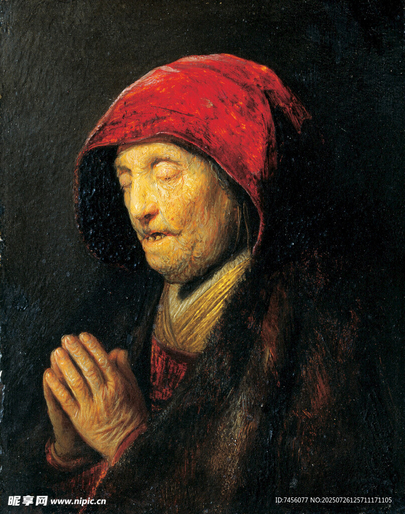 祈祷的红衣老妇人