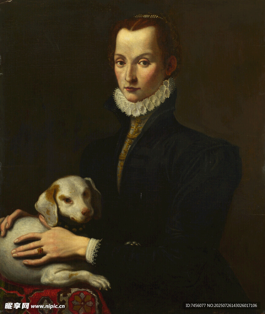 女子抱犬肖像画
