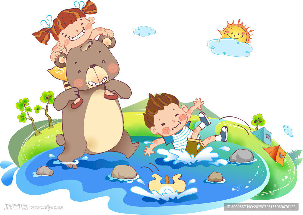 孩子与动物在水边欢乐嬉戏