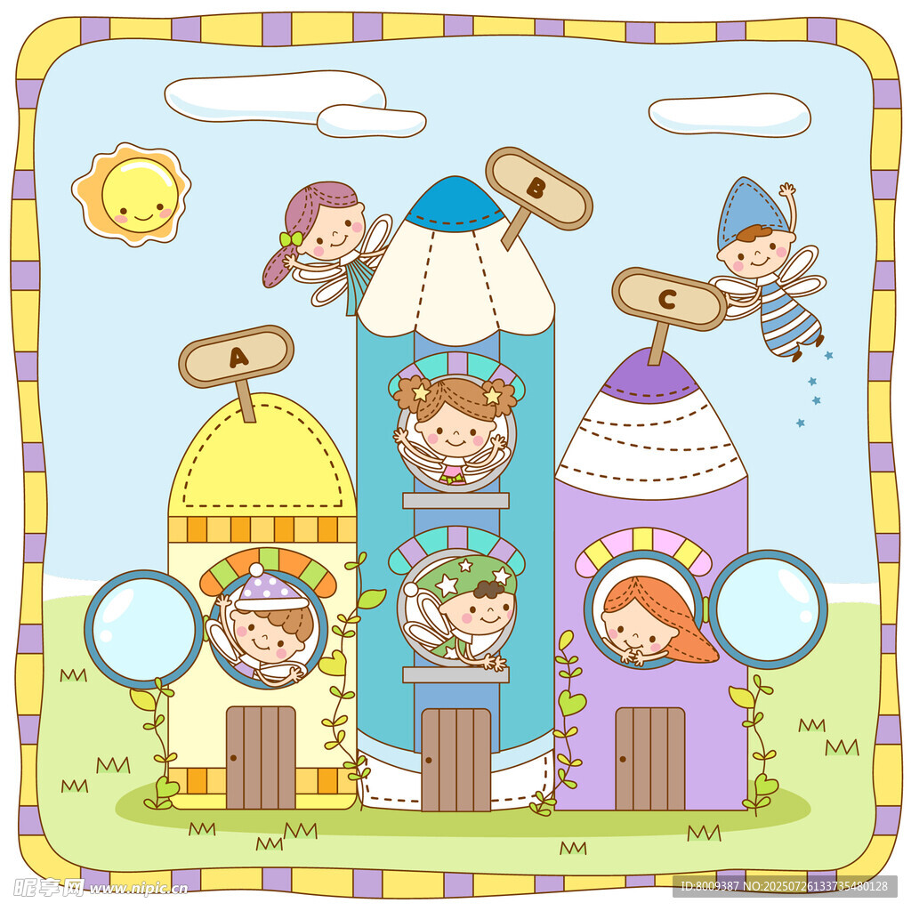 儿童趣味卡通建筑场景图