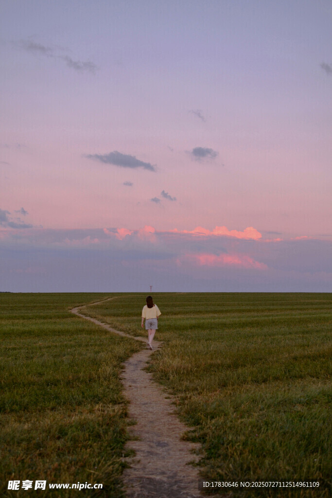 夕阳下漫步于田野的两人