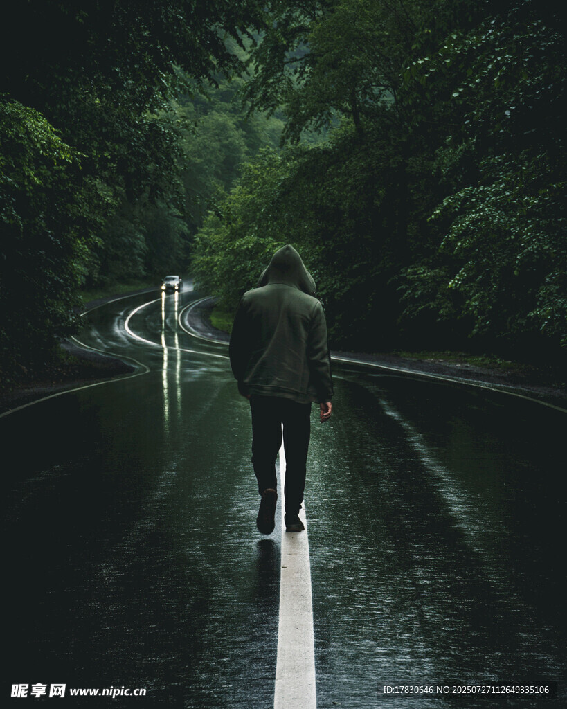 雨中独行者漫步林间小道