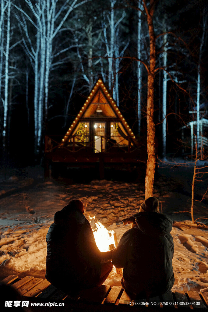 森林中两人围坐篝火旁小屋