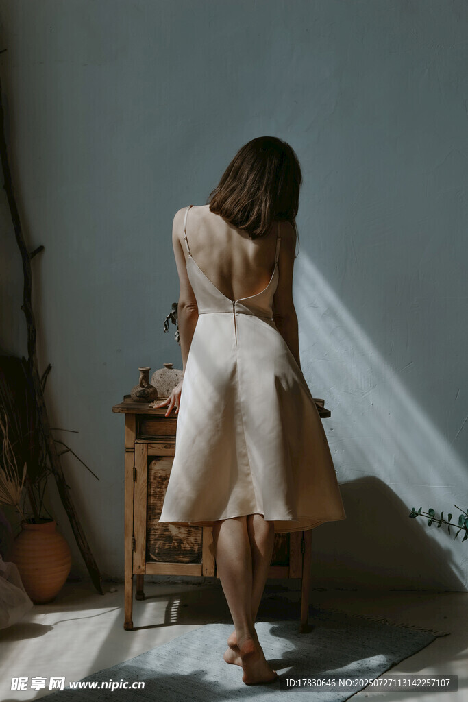 背对镜头的优雅裙装女子