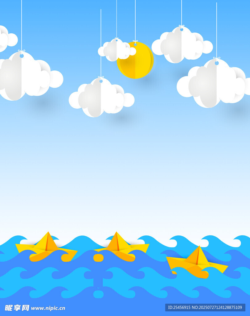 海洋小船天空云朵插图 