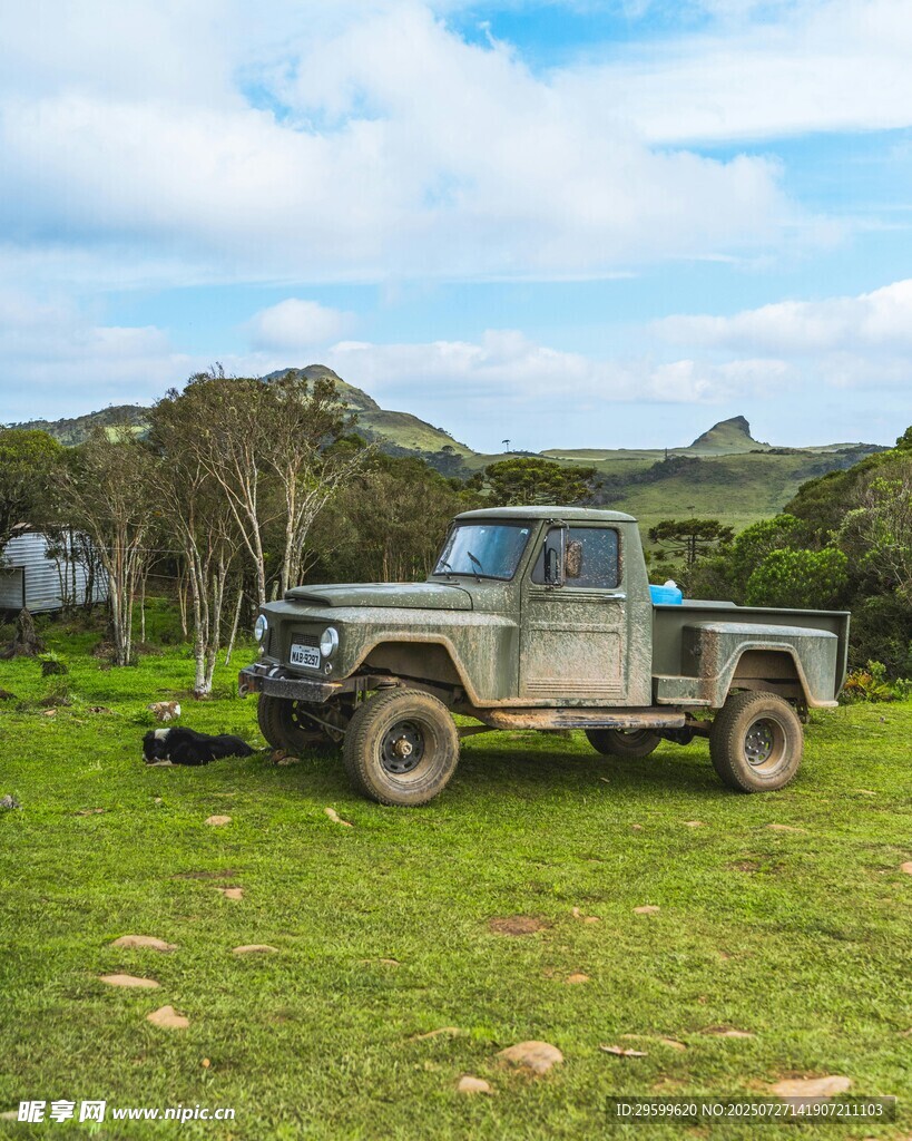 野外草地停放的复古皮卡车