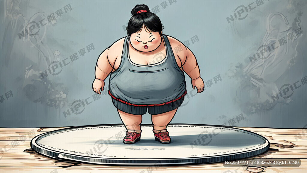 手绘肥胖少女站在体重秤上
