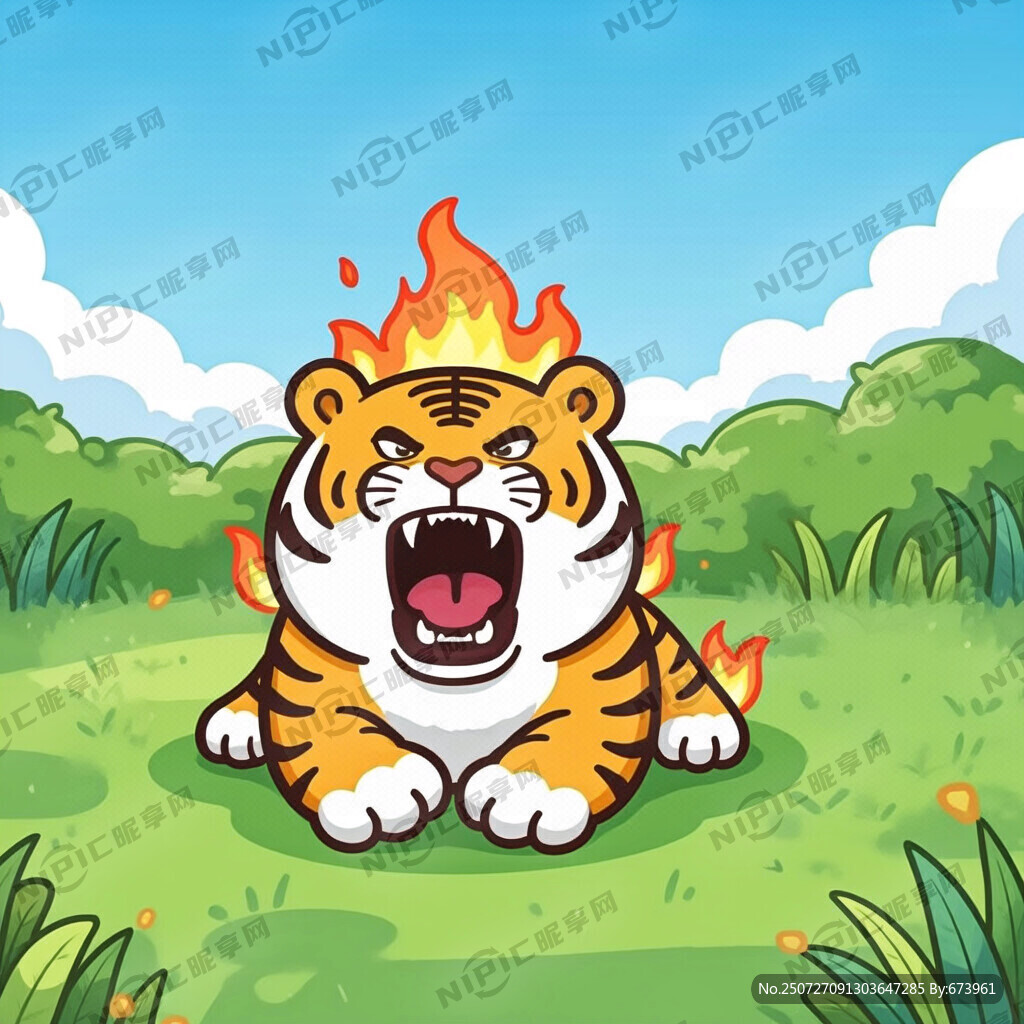 卡通 草坪 火苗 老虎
