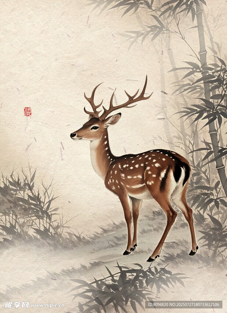 水墨梅花鹿图景