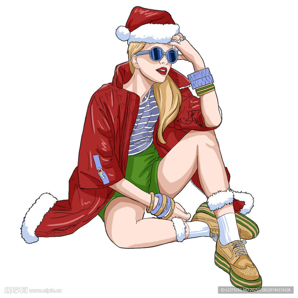 圣诞风时尚女孩坐姿插画